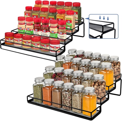 [BRSRMYIECQOQECL3] Spice Rack Organizer for Cabinet, 4 Tier Seasoning Organizer, Expandable Shelf,Step Storage Holder, Kitchen Cabinet Countertop,with Protection Railing, Metal (Black,4 Tier,2Pack)