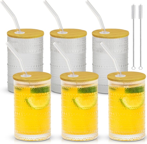 [BRSREFABCMHQIH34] Astra Design Vintage Beaded Glass Cups Set of 6 | 12oz Textured Drinking Glasses with Bamboo Lids & Reusable Glass Straws | Elegant Iced Coffee Cups for Water, Juice, Tea & Cocktails