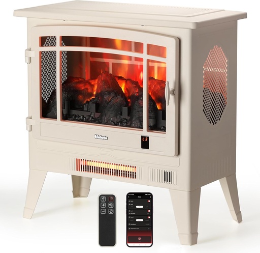 [BRSROZIOC4MWMHLD] TURBRO Suburbs 25" WiFi Electric Fireplace Infrared Heater with Crackling Sound, Freestanding Fireplace Stove with Adjustable Flame Effects, Overheating Protection, Timer, Remote Control 1400W, Ivory