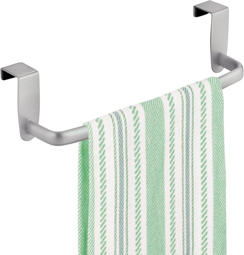 [BRSWGY32CANBACL2] mDesign Steel Metal Wire Over Cabinet Towel Rack Storage Organizer - Hang on Cabinet or Door - Towel Bar Holder for Kitchen - Holds Hand Towels, Washcloths - Spira Collection - Silver