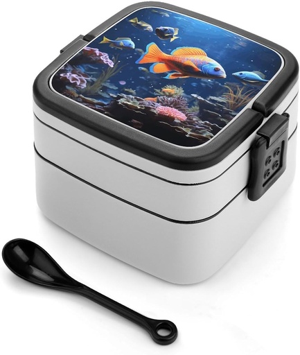 [BRSREH36ORYRGYLD] Fishs Stackable Bento Box Double-layered Leak-Proof Lunch Box 1L Capacity Portable Lunchbox Durable Drop-Proof for Work Picnic Travel