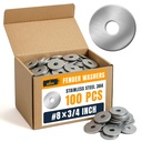 100 Pcs Stainless Steel Fender Washers #8 x 3/4 Inch Flat Washers for Screws and Bolts, 304 Stainless Steel, Heavy Duty Washer Set for Industrial and DIY Use