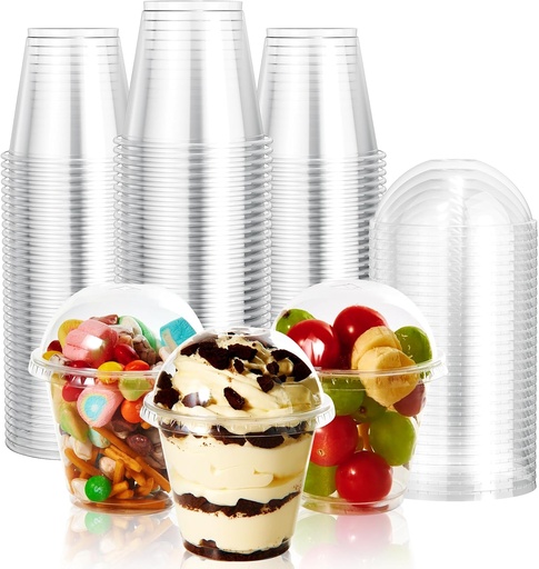 [BRSRMYYNAEPWKCDD] Vplus 200 Pack 9 OZ PET Plastic Cups with Dome Lids, Crystal Disposable Plastic Cups For Parfait, Fruit, Desserts, Snacks, Yogurt, and Jelly