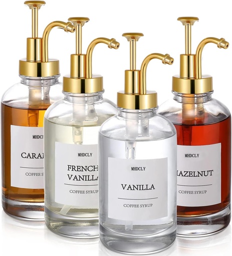 [BRSROHT2OQMREEYV] Coffee Bar Accessories, Coffee Syrup Dispenser - 4pack,16.9oz Syrup Dispenser with Labels,Syrup Pump Dispenser for Coffee Bar(Gold Pump)