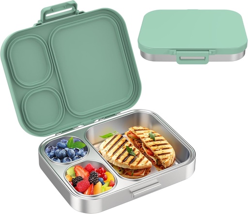 [BRSRAAARPJ5RUGT4] Stainless Steel Bento Lunch Box for Kids | 3-Compartment Lunch Box Container Kids | 100% Leakproof, Eco-Friendly, Perfect Portion Control for Kids&Adult Healthy Meals (Green)