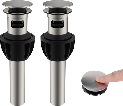 [BRSRMGQ3BYCRA3T2] Hibbent 2 Pack Metal Bathroom Sink Drain with Overflow, Push and Seal Pop Up Drain Stopper, Stainless Steel Vessel Lavatory Vanity Sink Drain Stopper, Anti-Clogging Strainer, Brushed Nickel