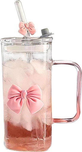 [BRSRACT6ORYQKF3H] Coquette Bow Aesthetic Cup - Pink Bow Glass Cup, Cute Glass Cups with Lids and Straws, 16 oz Bow Tumbler Iced Coffee Tumbler Cups for Girls Bestfriend (Clear)