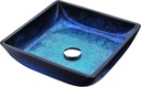 ANZZI Viace Rectangular Tempered Deco Glass Vessel Bathroom Sink in Blazing Blue | Top Mount Toilet Sinks Above Counter | Square Vanity Countertop Sink Bowl with Pop Up Drain | LS-AZ056