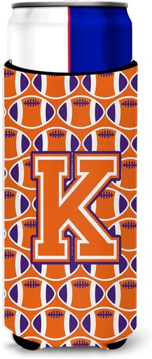 [BRSWKYAQAIFR62LA] Letter K Football Orange, White and Regalia Ultra Beverage Insulators for slim cans