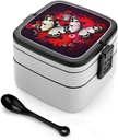 Stackable Double-Layer Bento Box Colorful Flowers Butterflies Adults Lunchbox with Spoon Cute Japanese Bento Box Dishwasher Safe for Work Travel Dining Outc