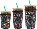 YR Reusable Neoprene Insulator Sleeve for Iced Coffee Cups, 3 Pack Coffee Coolies sleeves for Iced & Hot Drinks, Cold Beverage Cooler Compatible with Starbucks Coffee and More (Little Flower)