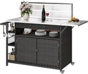 DWVO XL Outdoor Bar Table & Storage Cabinet, Wheels and Stainless Steel Extended Table Top, Patio Bar Table with Side Handle for Patio Kitchen or Bar Cart, Dark Brown
