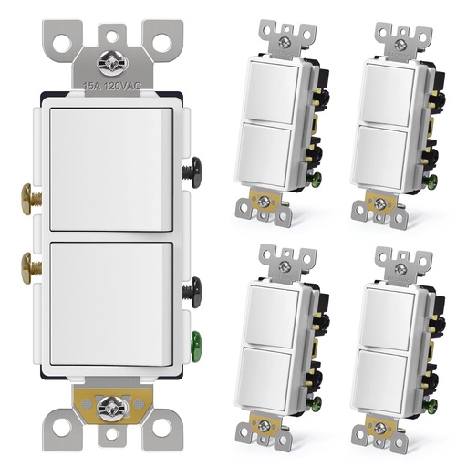 [BRSROBLQBBYAE3I2] CML Double Rocker Decorator Light Switch, Two Single Pole Electrical Paddle Wall Switches, 15A 120V, Self-grounding On/Off Interrupter, UL Listed, 5 Pack, White