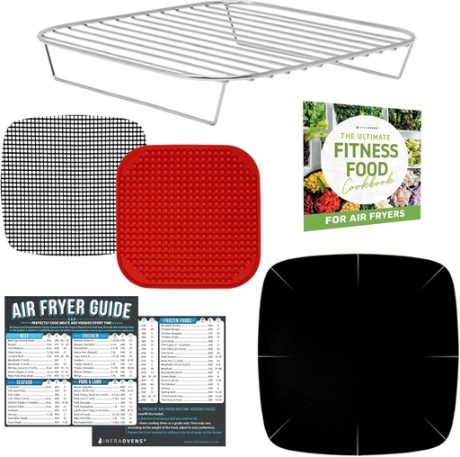 [BRSW2EIHAR7WEHTB] Air Fryer Accessories with Rack, Reusable Mats and Cheat Sheet Guides Compatible with Cosori, Instant Pot Vortex, Ninja Foodi, Ultrean + More - Stainless Steel Air Fryer Rack, Square 7.7 inches