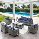 9 Piece Wicker Patio Furniture Set - Outdoor Swivel Rocker Chairs Set with Coffee Table, Rattan Chairs, 3 Seat Sofa & Ottomans, Patio Conversation Sets for Bcakyard Deck - Grey/Blue