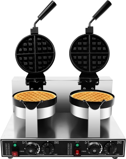 [BRSREGQLAEDRED3B] 2400 W Commercial Double Head Waffle Maker,Stainless Steel Non Stick Round Waffle Machine with Adjustable Temp and Timer,Rotating Pancake Maker Machine for Restaurant Home Kitchen Snack Bar