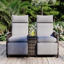 Patio Recliner Loveseat Chair, Adjustable Backrest Wicker Outdoor Lounge Chair Set with Acacia Wood Armrests and Built-in Storage Table, Outdoor Rattan Daybed for Garden Balcony Porch Lawn, Gray