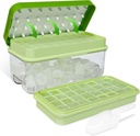 Ice Trays for Freezer with Lid & Bin, Ice Cube Tray Making 64 pcs Ice Cubes, Easy Press to Release Ice, Ice Tray with Storage Bin Chilling Cocktail Whiskey Coffee 2 Trays 1 Ice Bucket & Scoop (Green)