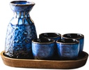 Sizikato Stoneware Porcelain Sake Set, Including 1 Sake Bottle and 4 Sake Cups and Tray.