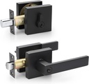 EHOMEWARE Black Door Handleset with Single Cylinder Deadbolt, Black Deadbolt, Reversible for Right and Left Side Single Keyed Square Deadbolt Lock Set, Square Handle