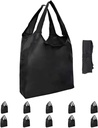Aricsen 10 Pack Durable Folding Large Kitchen Reusable Shopping Bags with Handles Bulk, Recycle Foldable Grocery Heavy Duty Washable into Pocket Portable Nylon Tote, Polyester Cloth, Black