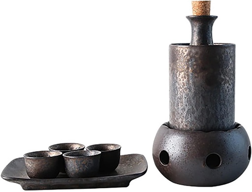 [BRSRAZACOYORECDX] Ceramic Wine Warmer Include 1pc Sake 4pc Sake Cups 1pc Warmer Pot 1pc Candle Heating Stove 1pc Tray Ceramic Warmer Hot Sake Set Ceramic Sake Mug(Gold)