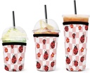 3 Pcs Cute Pink Plaid Red Ladybug Iced Coffee Cup Sleeves for Cold/Warm Beverages, Insulated Neoprene Cup Sleeve