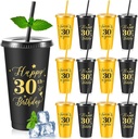 Uiifan 12 Pcs Cheers to 30th 40th 50th 60th Years Birthday Cups Black Gold Plastic Tumbler with Lid and Straw 24oz for Birthday Party Wedding Anniversary Supplies Decoration(30th)
