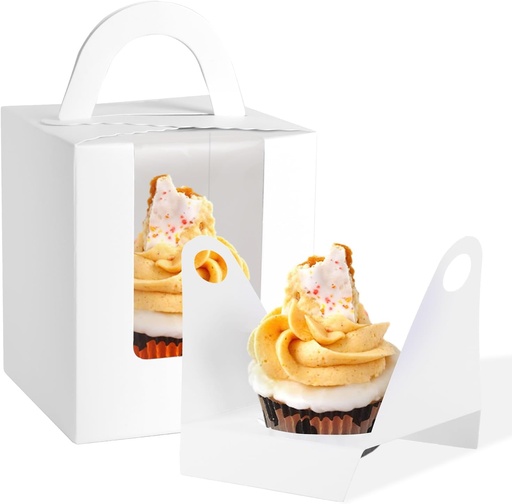 [BRSRACYDDIIQ2DQ6] JCD 120Packs Cupcake Boxes with Window and Handle and Insert,Individual Disposable White Single Cupcakes Box Individuals Cupcake Holders White Single Cupcakes Boxes Containers (White/120Pcs)