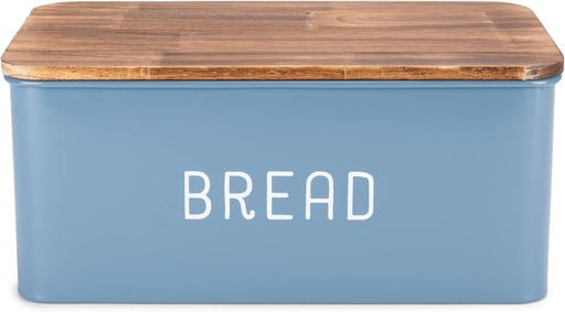 [BRSRMEIKB4NRAH3F] Nat & Jules Matte Blue 12 x 7 Metal Enamel Rubber Wood Lidded Bread Box