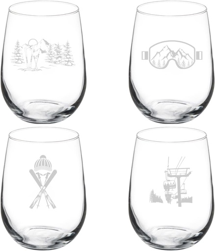 [BRSRAHYBAF5AOET5] MIP Set of 4 Wine Glass Gift Ski Skier Equipment Collection (17 oz Stemless)