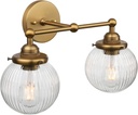 Yosoan 2-Light Indoor Boho Vanity Wall Sconce with Striped Round Glass, Brass Gold Modern Hardwired Vintage Industrial Wall Mount Farmhouse Retro Ribbed Shade for Bathroom Kitchen Bedroom(Antique)