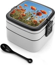 Poppies Flower Bento Box with Spoon, 2-layer Stackable Lunch Box Leak Proof with Invisible Handle, Insulated Food Storage for Office, Picnic & Travel