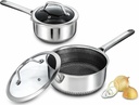 Hybrid Nonstick Saucepan Set of 2 with Lids 1.5 QT and 3 QT, Stainless Steel Honeycomb Pans with Side Pour Spouts,Compatible with All Cooktops,Dishwasher and Oven Safe
