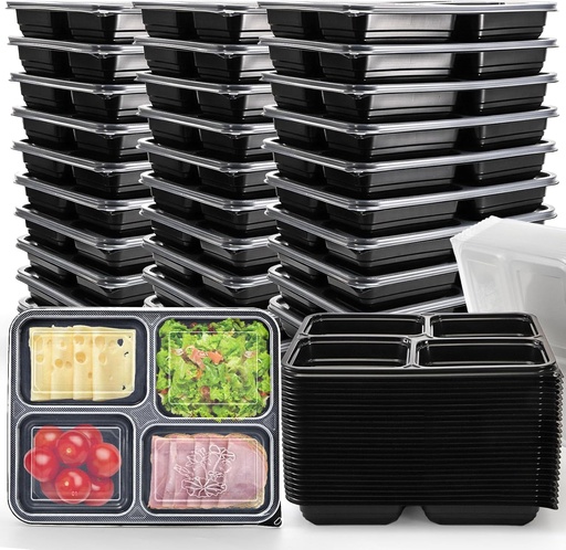 [BRSRAAD3BYCGMADK] 50 Pack Meal Prep Containers, 34oz Leak-Proof Food Storage Box with Lid, Microwavable BPA Free Bento Lunch Plate, Stackable&Disposable Plastic To Go Takeout Pan for Freezer Safe, 4 Compartment