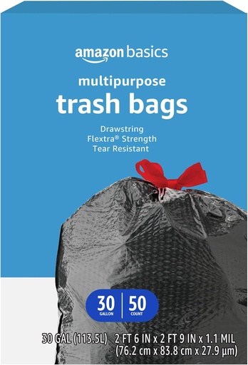 [BRSW2YA7BAORMFDX] Amazon Basics Flextra Multipurpose Drawstring Trash Bags, 30 Gallon, 50 Count