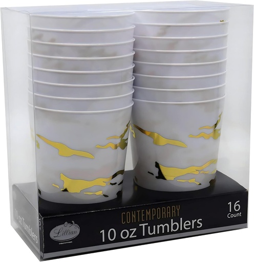 [BRSWYEIOBADWMHIY] Contemporary Plastic Tumblers - 10 oz | White/Gold | Pack of 16