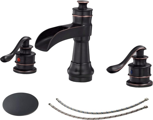[BRSWYADRAF5WMC3U] Two Handle 8 Inch 3 Hole Widespread Bathroom Sink Faucet Oil Rubbed Bronze Farmhouse Waterfall with Pop Up Drain Stopper Assembly Vanity Commercial Supply Lines Hose Lead-Free Mixer Tap