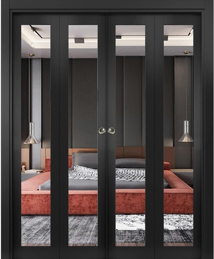 [BRSRAYA2OIFWC3TL] Sliding Closet Double Bi-fold Doors 72" x 80" (4 * 18x80) | Lucia 1299 Matte Black with Mirror | Sturdy Tracks Moldings Trims Hardware Set | Wood Solid Bedroom Wardrobe Doors
