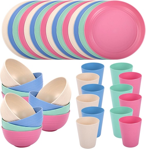 [BRSROYL3CAPWGF3B] LIYH 36 Pcs Wheat Straw Dinnerware Set for 12,Plastic Plates Reusable,Camping Plates and Bowls Set,Dishwasher Safe Dinnerware,Unbreakable Plate Pink Green Blue Beige