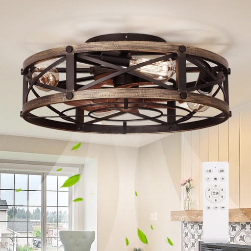 [BRSRA2YEAEDW2CDK] 19" Farmhouse Flush Mount Caged Ceiling Fans with Lights, 6 Speeds, Rustic Low Profile Ceiling Fan with Light and Remote, Small Bladeless Ceiling Fans with Lights for Kitchen, Bedroom - ETL