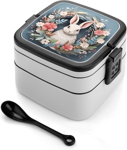 [BRSREATYO57BEE3J] Easter Wreath with Rabbit Bento Box Large Capacity Double Layer Lunch Boxes Portable Leakproof Meal Box Stackable Lunch Container For Work Picnic Camping