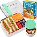 EcoEarth Stainless Steel Bento Box - 27 oz - Leakproof Metal Lunch Boxes for Adults with 3 Compartments - Small Tin Food Containers with Condiment Cups - Snack Box for Work - Green