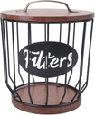 BAFOVY Rustic Coffee Filter Holder, Black Metal Wire Coffee Pod Storage Holder with Wooden Cover, Filter Organizer for Counter, Basket Style for Bar (0291 F Black)