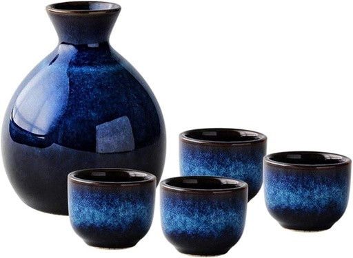 [BRSREZA2DIMRO33P] 5-Piece Handmade Ceramic Sake Set Includes 12 oz Sake Pot and 4 Ceramic Sake Cups for hot/Cold Sake Serving