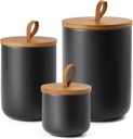 Black Canisters Sets for The Kitchen, Airtight Kitchen Canisters for Countertop, Kitchen Canisters Set of 3 with Top Handle, Modern Ceramic Jar with Wooden Lid for Coffee Flour Cookie Nuts