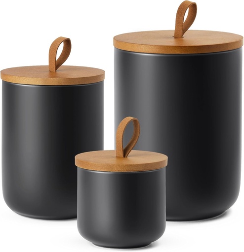 [BRSROBQCAAOQGCLX] Black Canisters Sets for The Kitchen, Airtight Kitchen Canisters for Countertop, Kitchen Canisters Set of 3 with Top Handle, Modern Ceramic Jar with Wooden Lid for Coffee Flour Cookie Nuts