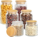 Vintage Glass Storage Jars Set of 6,Kitchen Coffee Jar Storage with Flat Airtight Bamboo Lid,Pantry Food Storage Container with Clear Sunflower Decor for Countertop,Dining Room,Stackable,Heavy Duty