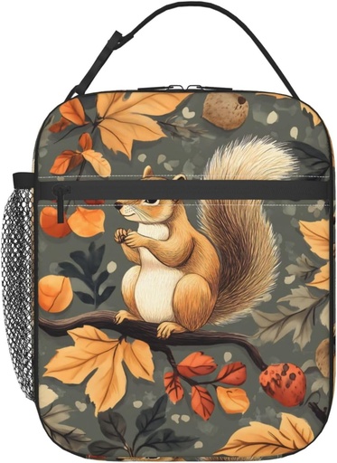 [BRSRAH3RAR6WKA3K] Reusable Squirrel Fall Lunch Box for Kids Girls Boys Women Adult, Insulated Autumn Leaves Woodland Lunch Bag,Polyester Cooler Handbags Case for School Picnic Work Travel Beach or Hiking
