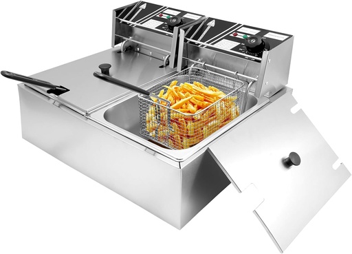 [BRSRAAIFOYGRQ3T7] Commercial Electric Deep Fryer w/Baskets & Lids 12.7QT/12L, Stainless Steel Commercial Fryer, Countertop Kitchen Frying Machine w/Temperature Control, French Fries Donuts